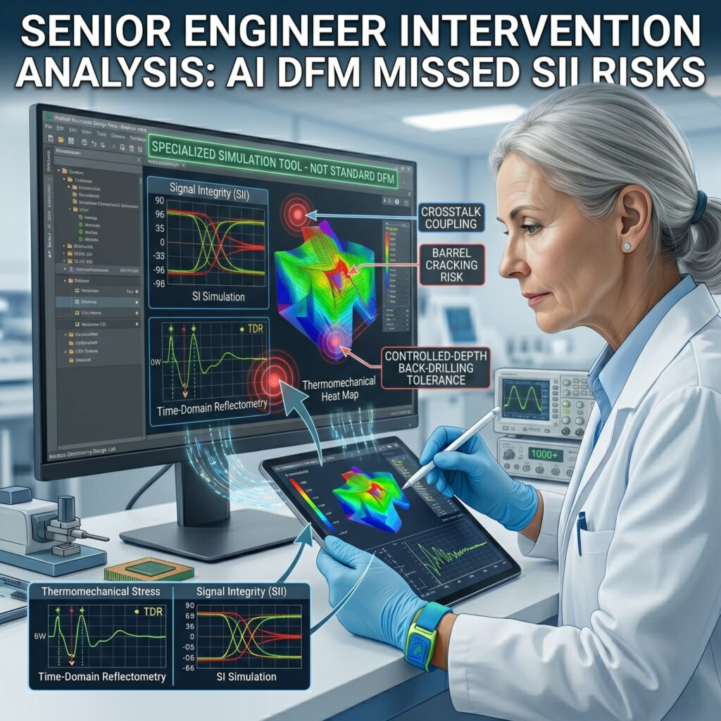 PCB Production Process: 8 Critical Control Points in 42 Medical-Grade Steps 2 PCB Production Process: A senior engineer uses a stylus on a tablet, reviewing complex risks missed by an AI DFM PASS scan.