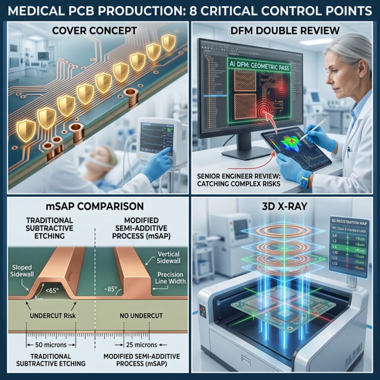 PCB Production Process: A medical PCB edge with eight glowing shields in a sterile cleanroom, representing Critical Control Points for manufacturing