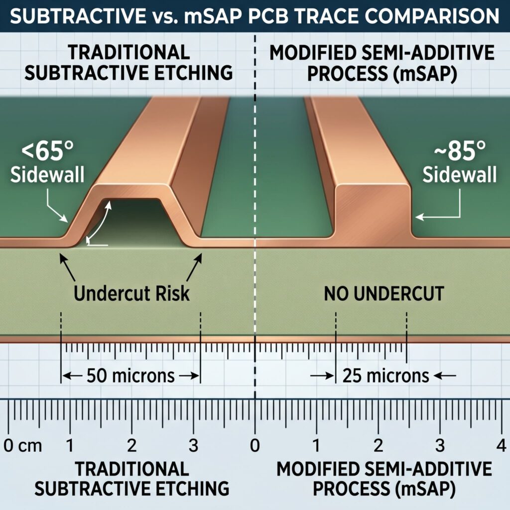 PCB Production Process: 8 Critical Control Points in 42 Medical-Grade Steps 3 Cross-section diagram comparing traditional etched PCB traces (undercut) with precision mSAP traces (vertical, 25 microns).